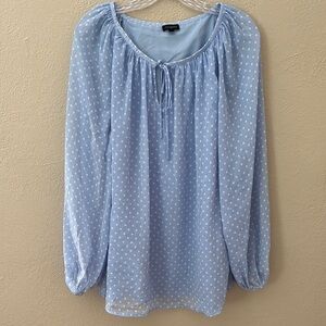 Women’s Talbots Polka Dot Blue/White Top, Large, Lined Sheer Long Sleeve